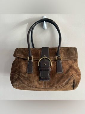 Coach Brown Suede shoulder bag with buckle and Dark Brown Leather Trim